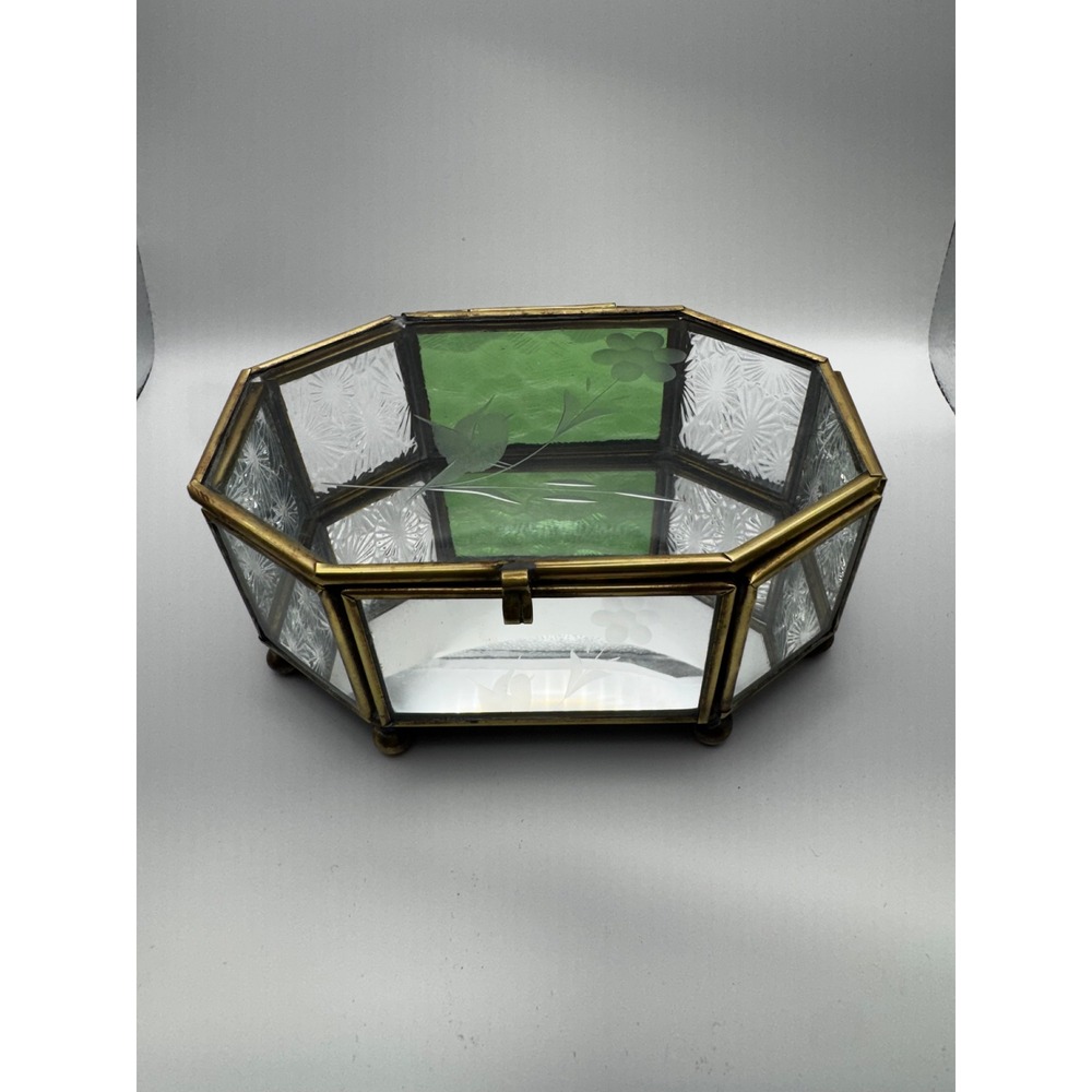 1980's Octagonal Glass Jewelry Box with brass tone frame Etched